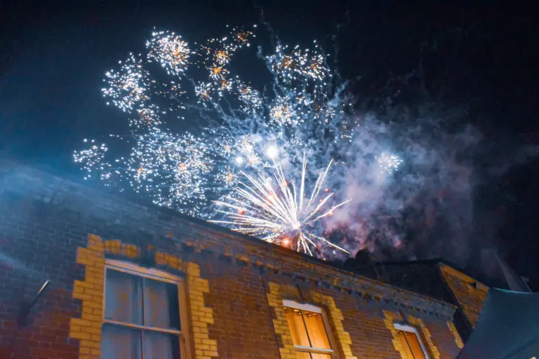 Silver and gold fireworks exploding above the rooftops