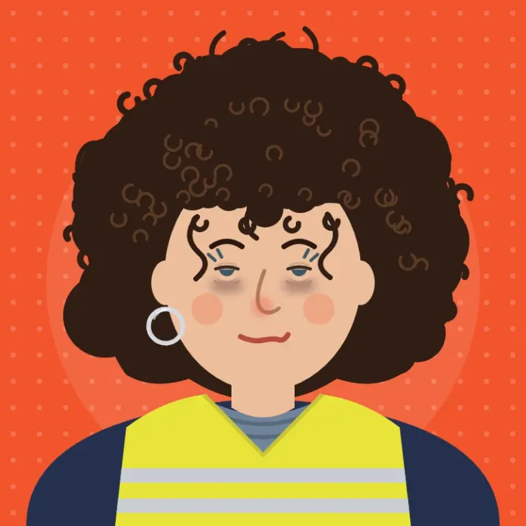 Cartoon of Cindy Squire after the carnival weekend, with wild messy curls, one missing earring, dark circles and a wobbly smile