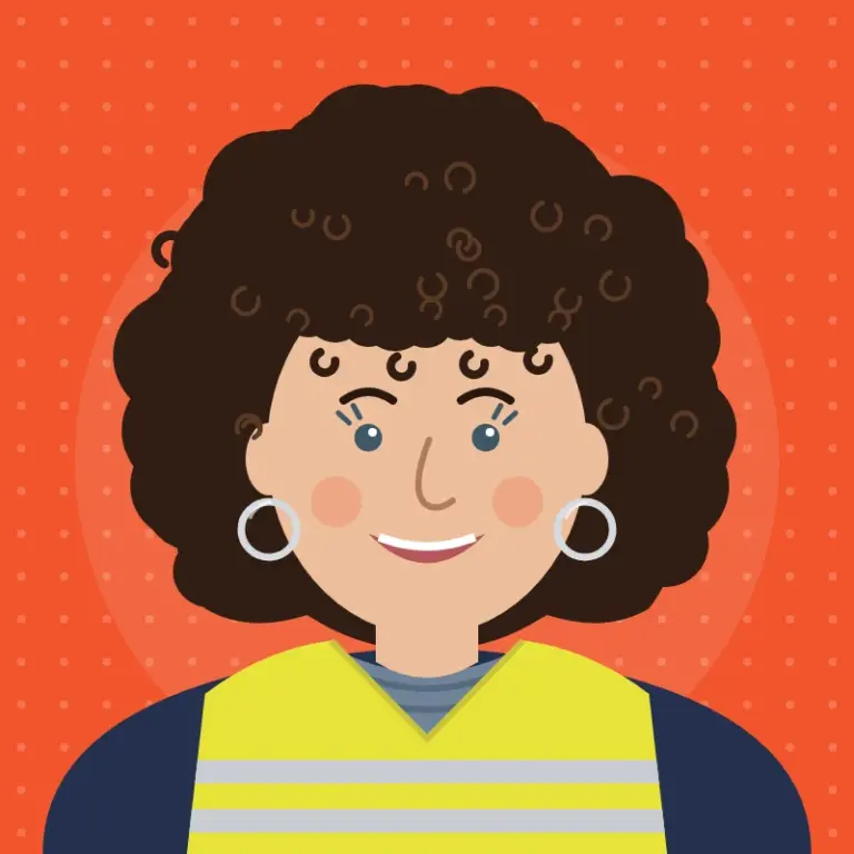 Cartoon illustration of Cindy Squire, Hatherleigh Carnival Programme Secretary, smiling, with dark brown curly hair, silver hoop earrings, a blue scarf and a hi-vis bib