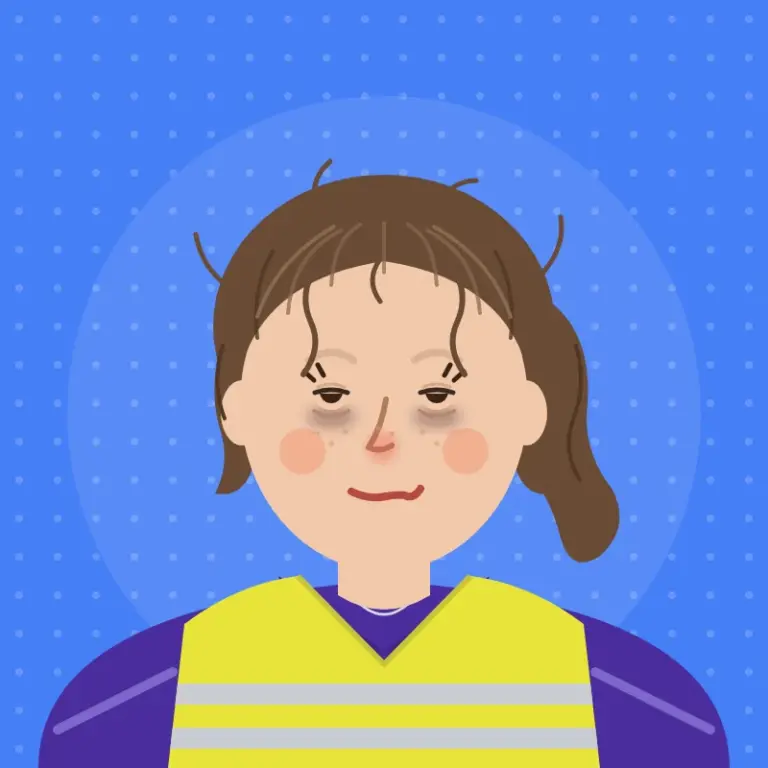 Cartoon of Donna Marie after the carnival weekend, with loosely tied, messy wavy hair, dark circles and a wobbly smile
