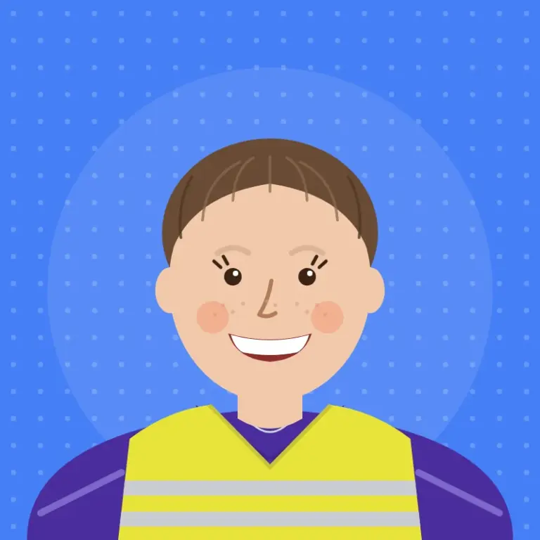 Cartoon illustration of Donna Marie, Hatherleigh Carnival Programme Secretary, with a big smile, brown eyes, brown hair scraped back, a purple polo shirt and a hi-vis bib