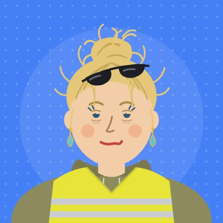 Cartoon of Laura Barrs after the carnival weekend, with a messy bun, sunglasses askew on her head, tired eyes and a faltering smile