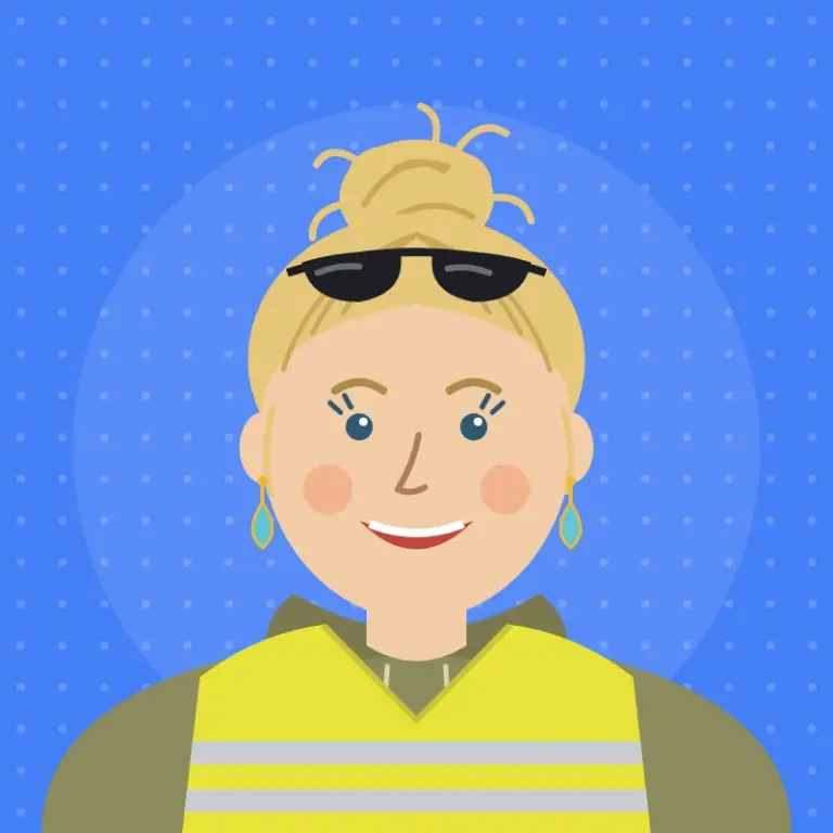 Cartoon illustration of Laura Barrs, Chair of Hatherleigh Carnival Committee, smiling, with blonde hair in a messy bun, sunglasses on her head, droplet earrings and a hi-vis bib
