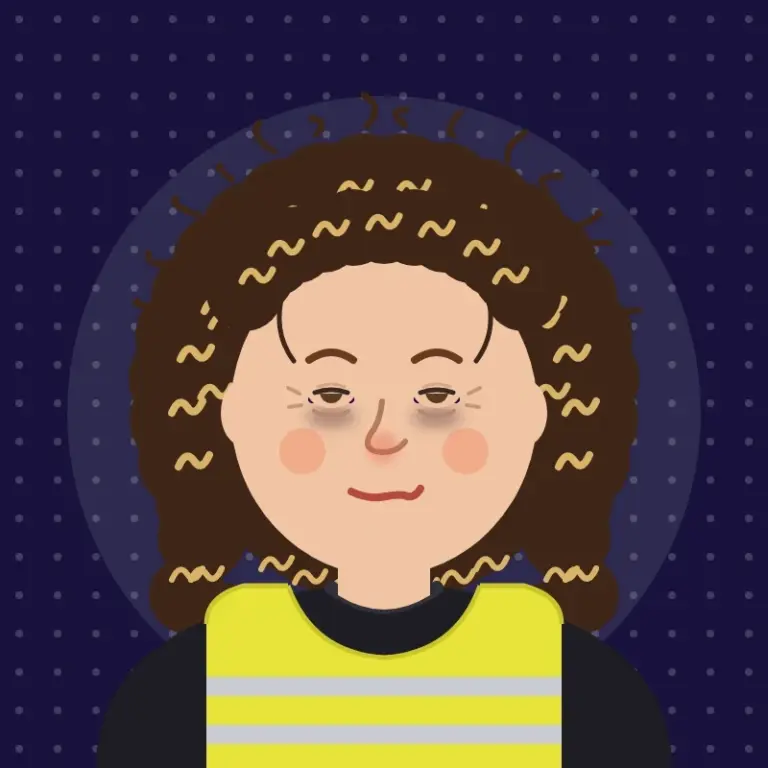Cartoon of Louise Bater after the carnival weekend, looking tired and dishevelled with messy hair, dark circles and a wobbly smile
