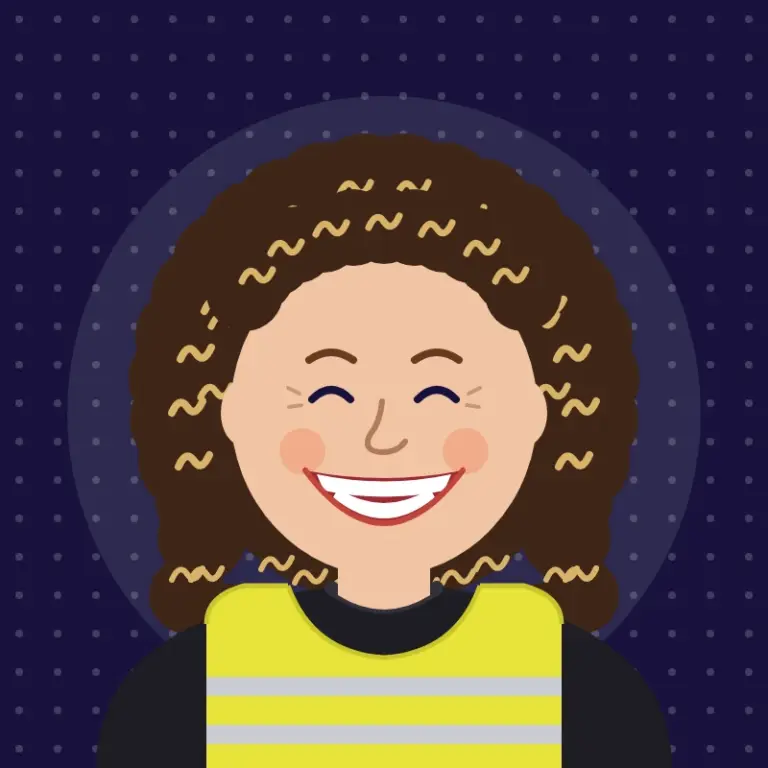 Cartoon illustration of Louise Bater, Treasurer of Hatherleigh Carnival Committee, laughing, with big curly dark brown hair with blonde highlights, a dark top and a hi-vis bib
