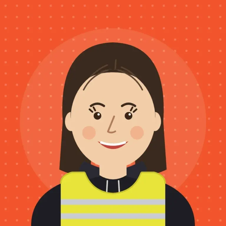 Cartoon illustration of Nicola Jones, Vice Chair and Minutes Secretary of Hatherleigh Carnival Committee, with long dark brown hair, brown eyes, a warm smile and a hi-vis bib over a dark hoodie