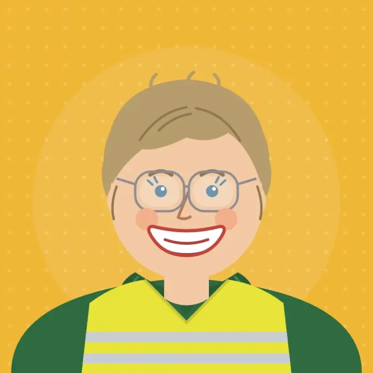 Cartoon illustration of Rebecca Chown, Secretary of Hatherleigh Carnival Committee, with a big beaming smile, glasses and swept-back light brown hair, wearing a green coat and a hi-vis bib