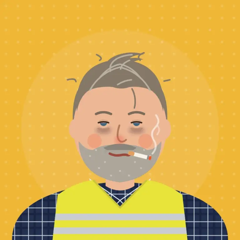 Cartoon of Rob Reynolds after the carnival weekend, with a flattened quiff, tired eyes, dark circles and a cigarette
