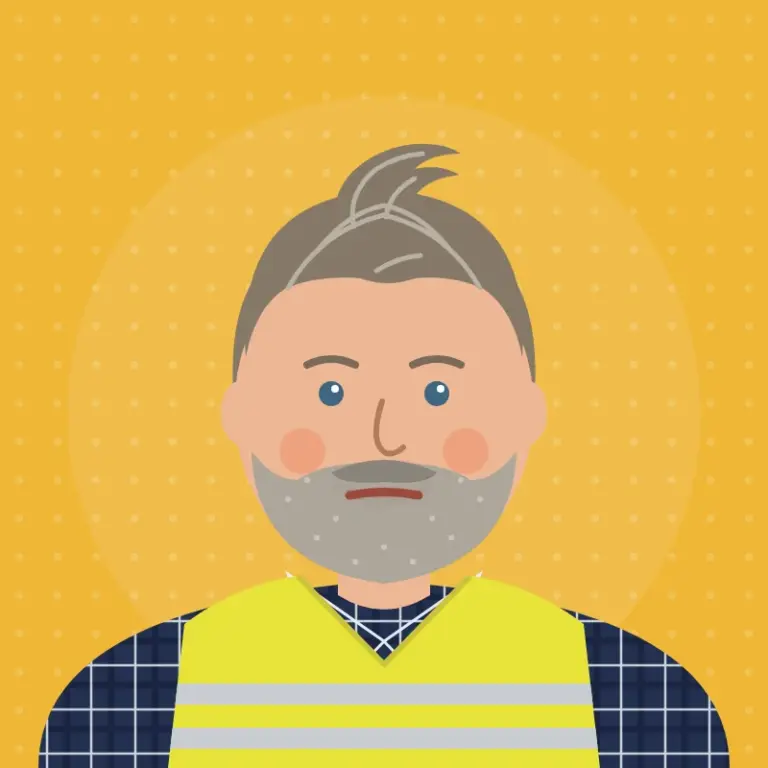 Cartoon illustration of Rob Reynolds, who handles traffic management for Hatherleigh Carnival, with short grey hair and a flicked-up fringe, a grey beard, a check shirt and a hi-vis bib