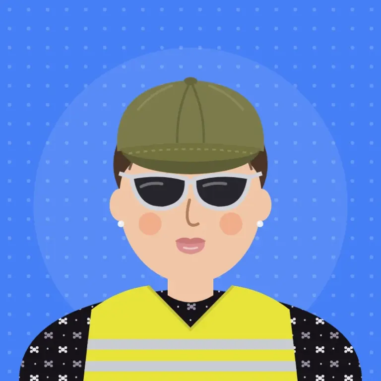 Cartoon illustration of Sarah Hurford-Brenan, Hatherleigh Carnival Committee Member, in a khaki green baseball cap and sunglasses, with a playful pout, stud earrings and a hi-vis bib