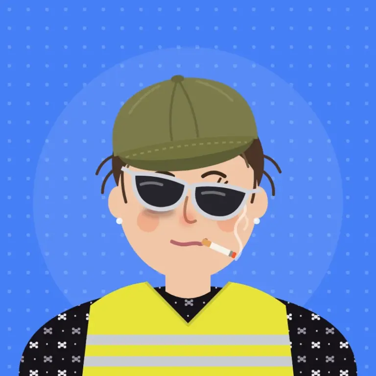 Cartoon of Sarah Hurford-Brenan after the carnival weekend, cap and sunglasses askew, looking tired with a cigarette hanging from her mouth